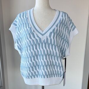 Varley Textured V-Neck Sweater in Soft Blue and White